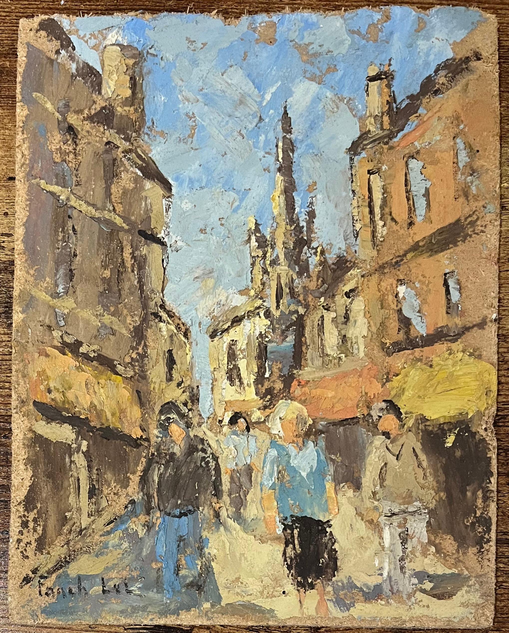 French Impressionist Oil Painting of Figures Walking Along a Street in a Town - Brown Landscape Painting by Fanch Lel