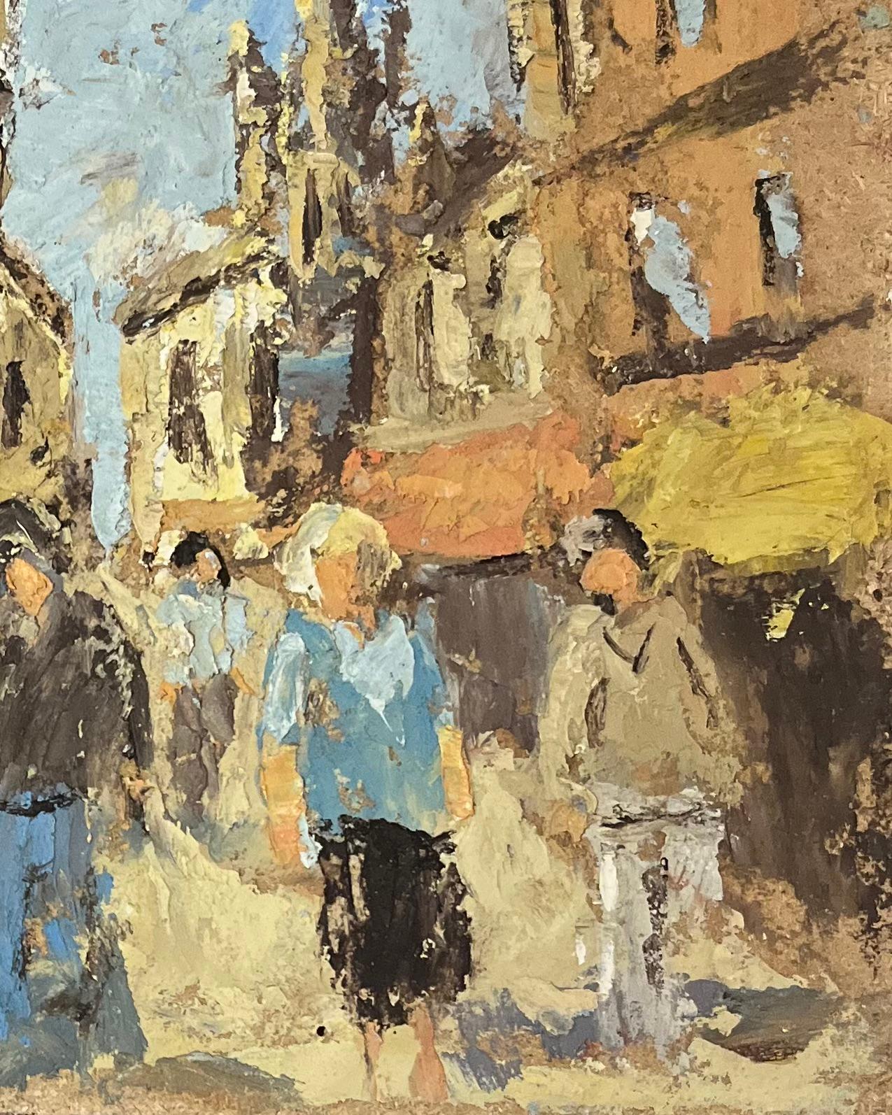Title: French Impressionist Oil Painting of Figures Walking Along a Street in a Town
By Fanch Lel (French b. 1930)
Size: 9.75 x 7.75 inches (height x width)
Signed: Yes
Oil painting on board, unframed
Condition: The painting is in good condition,
