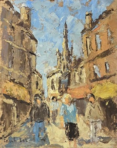 Peinture à l'huile impressionniste française représentant des personnages marchant le long d'une rue dans une ville