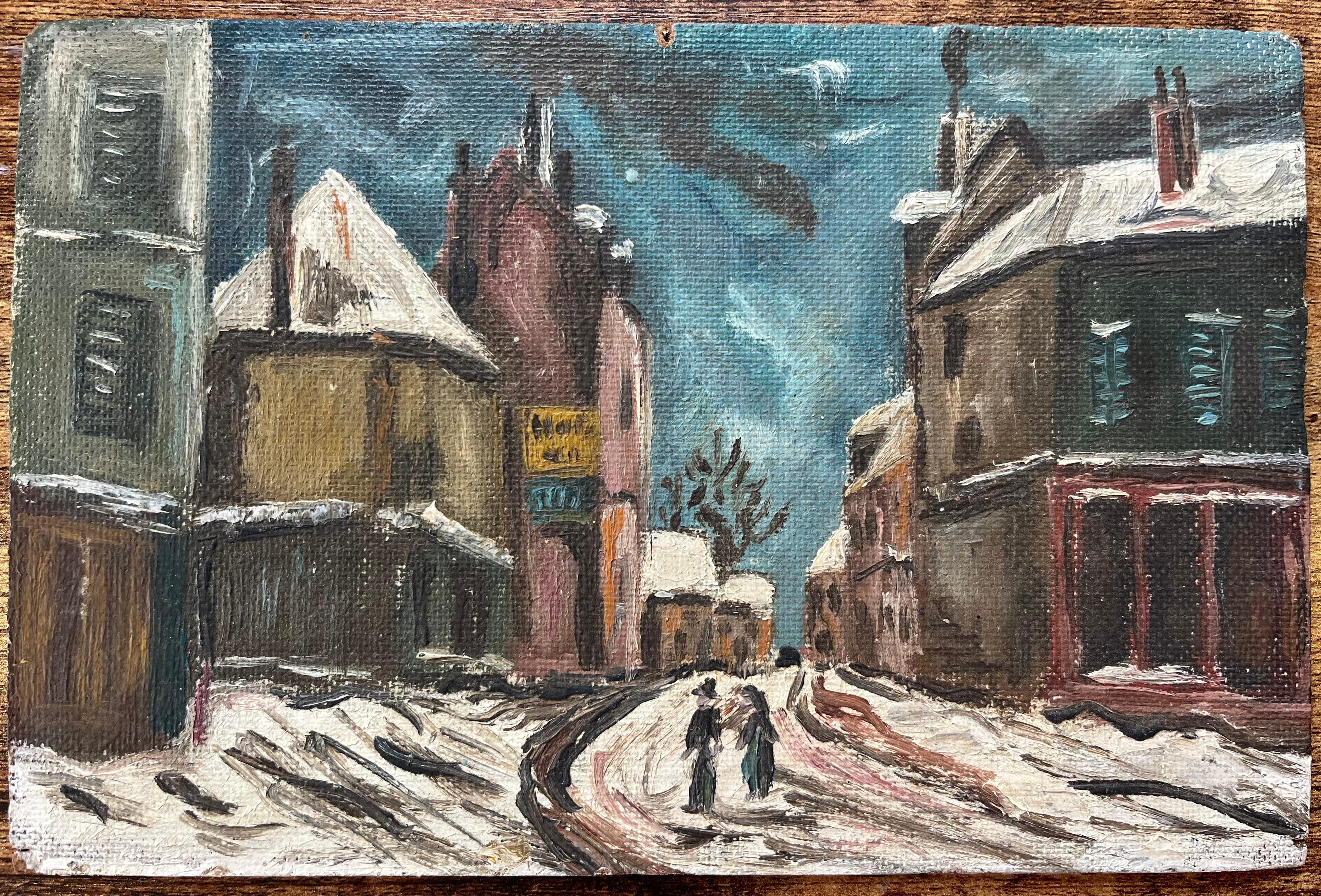 Pintura al óleo impresionista francesa de figuras paseando por un paisaje urbano nevado al atardecer - Painting de Fanch Lel