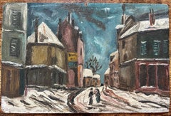 Französischer Impressionist Ölgemälde von Figuren, die in der Abenddämmerung durch eine verschneite Stadtlandschaft spazieren