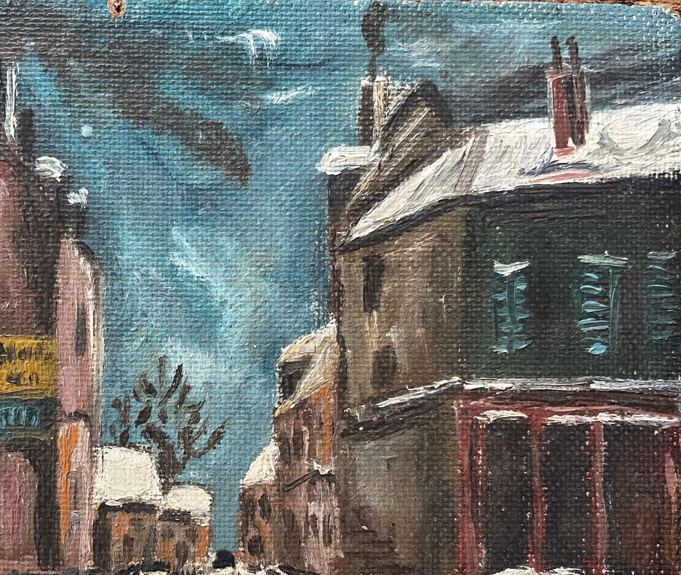 Pintura al óleo impresionista francesa de figuras paseando por un paisaje urbano nevado al atardecer en venta 1