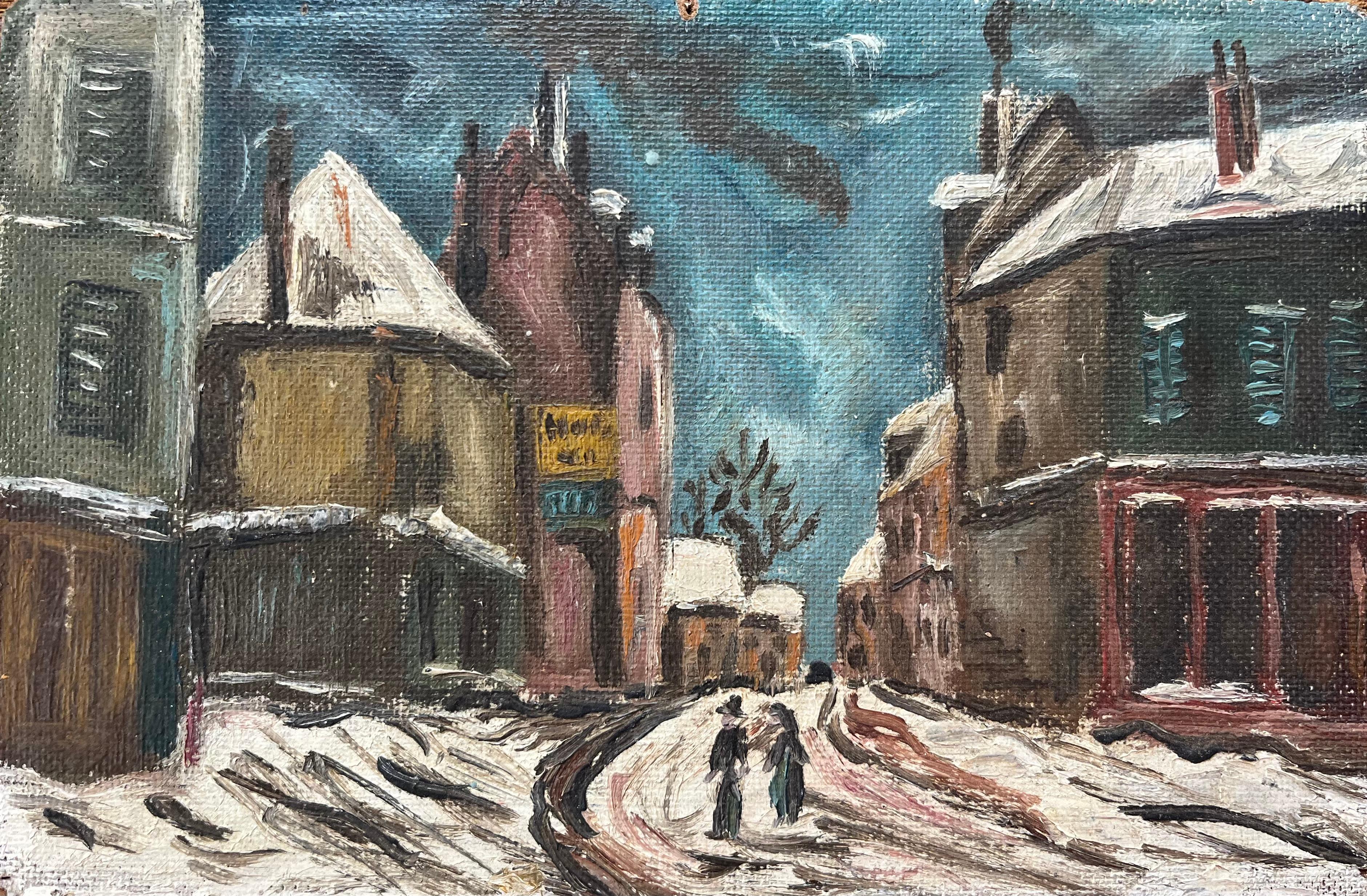 Landscape Painting de Fanch Lel - Pintura al óleo impresionista francesa de figuras paseando por un paisaje urbano nevado al atardecer