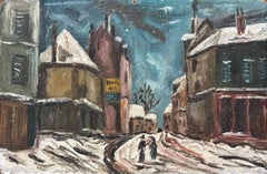 Peinture à l'huile impressionniste française représentant des personnages marchant dans un paysage urbain enneigé au crépuscule
