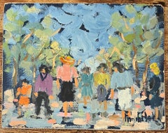 French Impressionist Oil Painting of Figures Walking Through a Sunlit Park