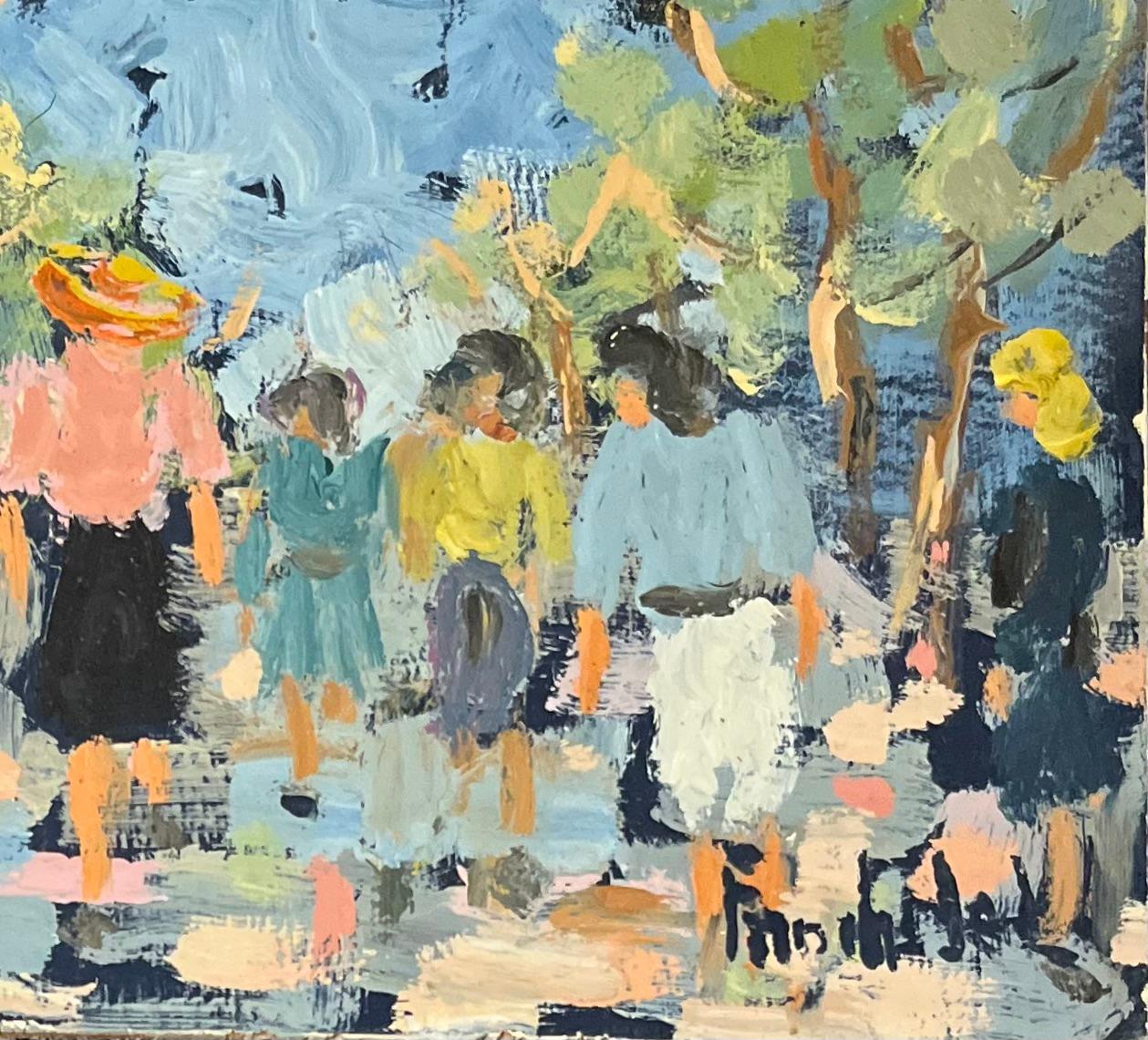 Title: French Impressionist Oil Painting of Figures Walking Through a Sunlit Park
By Fanch Lel (French b. 1930)
Size: 7 x 8.75 inches (height x width)
Signed: Yes
Oil painting on board, unframed
Condition: The painting is in good condition, with