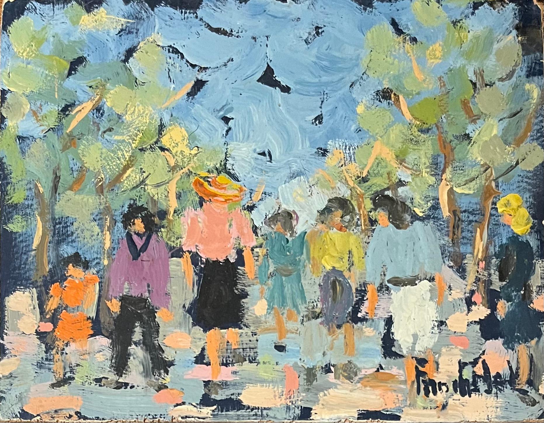Fanch Lel Figurative Painting - French Impressionist Oil Painting of Figures Walking Through a Sunlit Park