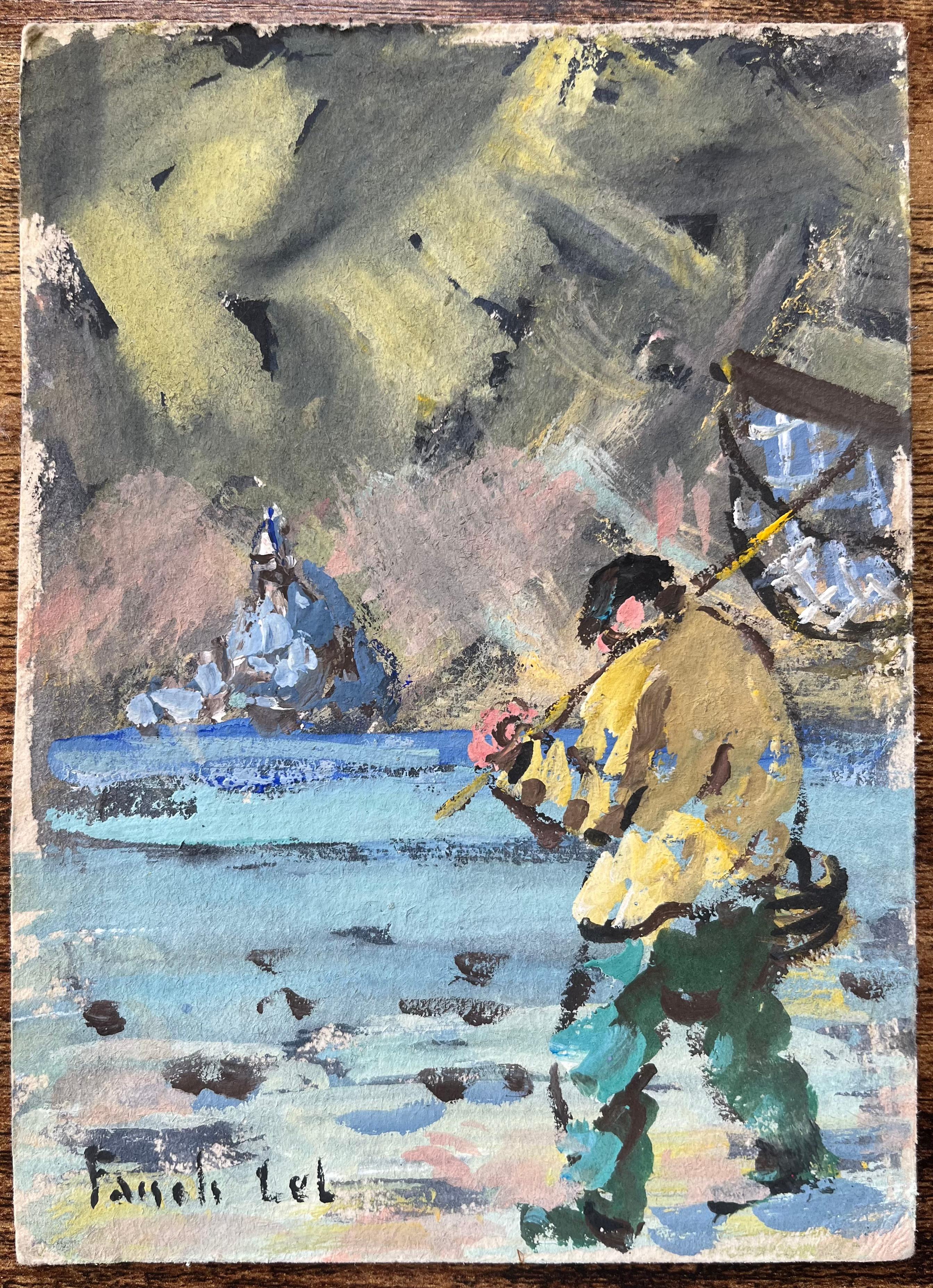 Quadro a olio impressionista francese di pescatore nella baia di pesca dei gamberi - Painting di Fanch Lel