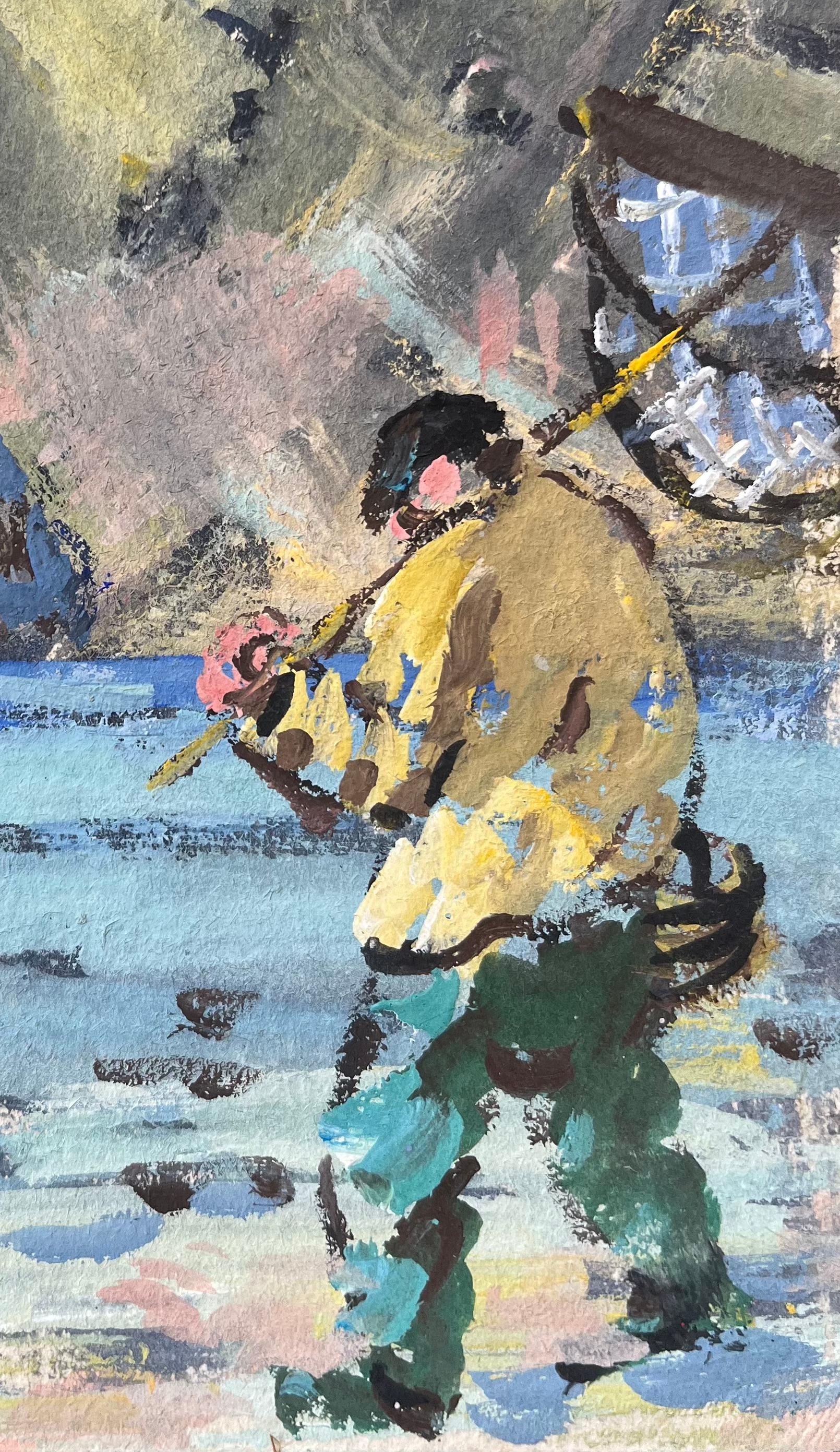 Quadro a olio impressionista francese di pescatore nella baia di pesca dei gamberi - Painting Impressionismo di Fanch Lel