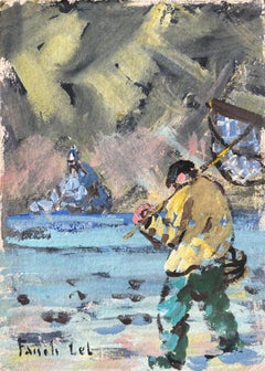 Vintage French Impressionist Oil Painting of Fisherman in the Bay of Shrimp Fishing