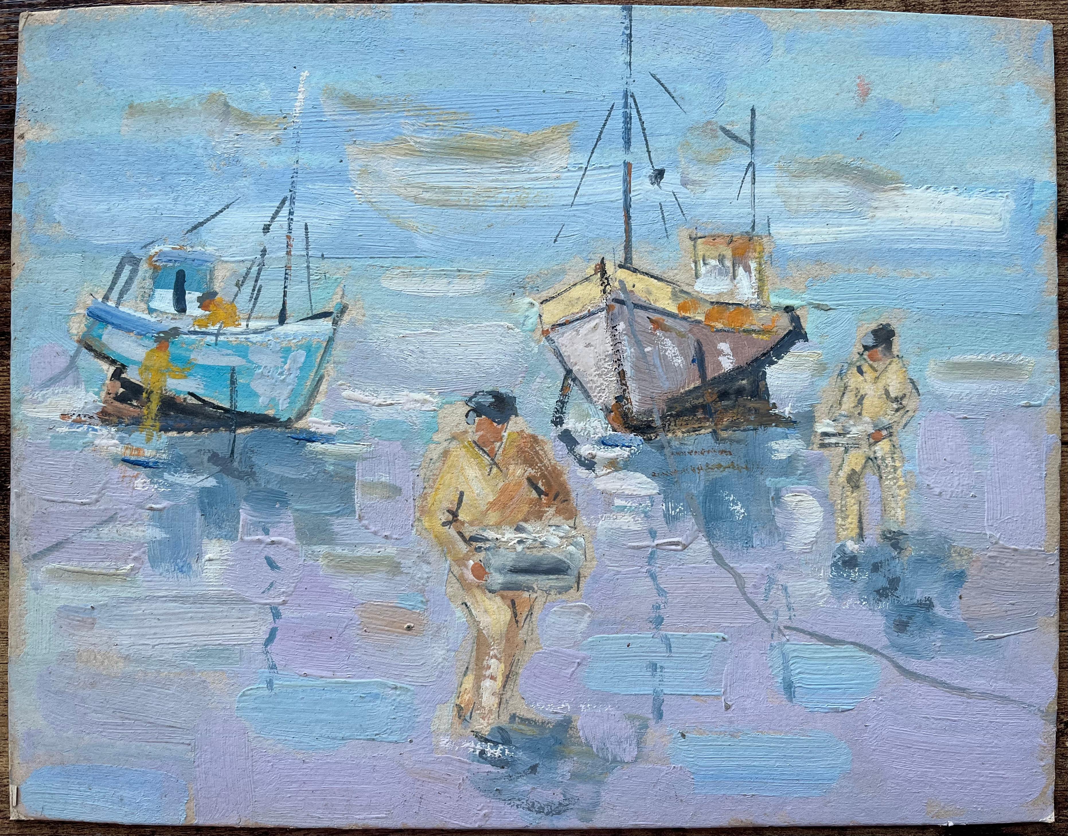 Quadro a olio impressionista francese con pescatori e barche spiaggiate durante la bassa marea - Painting di Fanch Lel