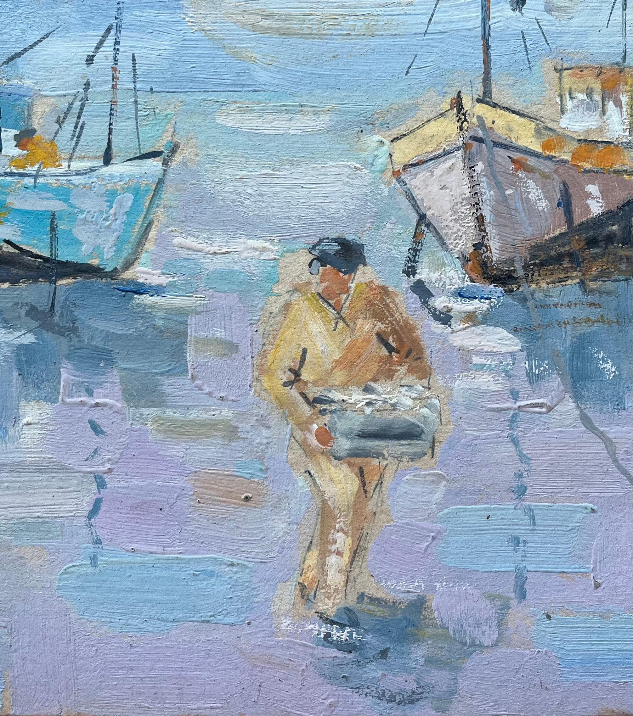 Quadro a olio impressionista francese con pescatori e barche spiaggiate durante la bassa marea - Figurative Painting Blu di Fanch Lel