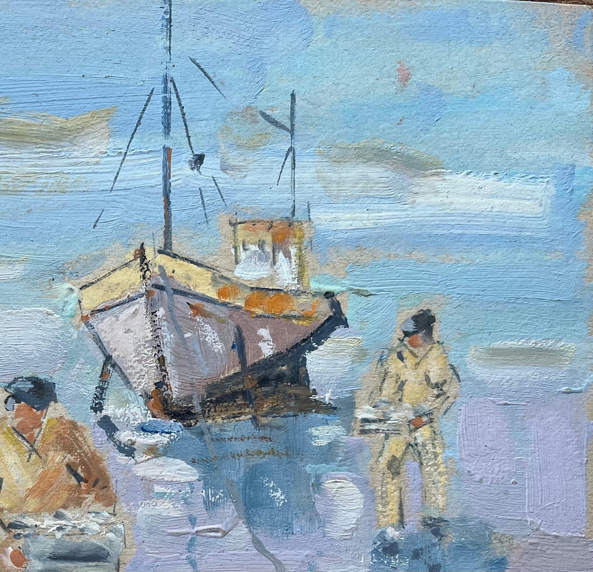 Titolo: Dipinto a olio impressionista francese con pescatori e barche spiaggiate durante la bassa marea
di Fanch Lel (francese, nato nel 1930)
Dimensioni: 9,75 pollici (altezza) x 12,5 pollici (larghezza)
Pittura a olio su tavola, senza