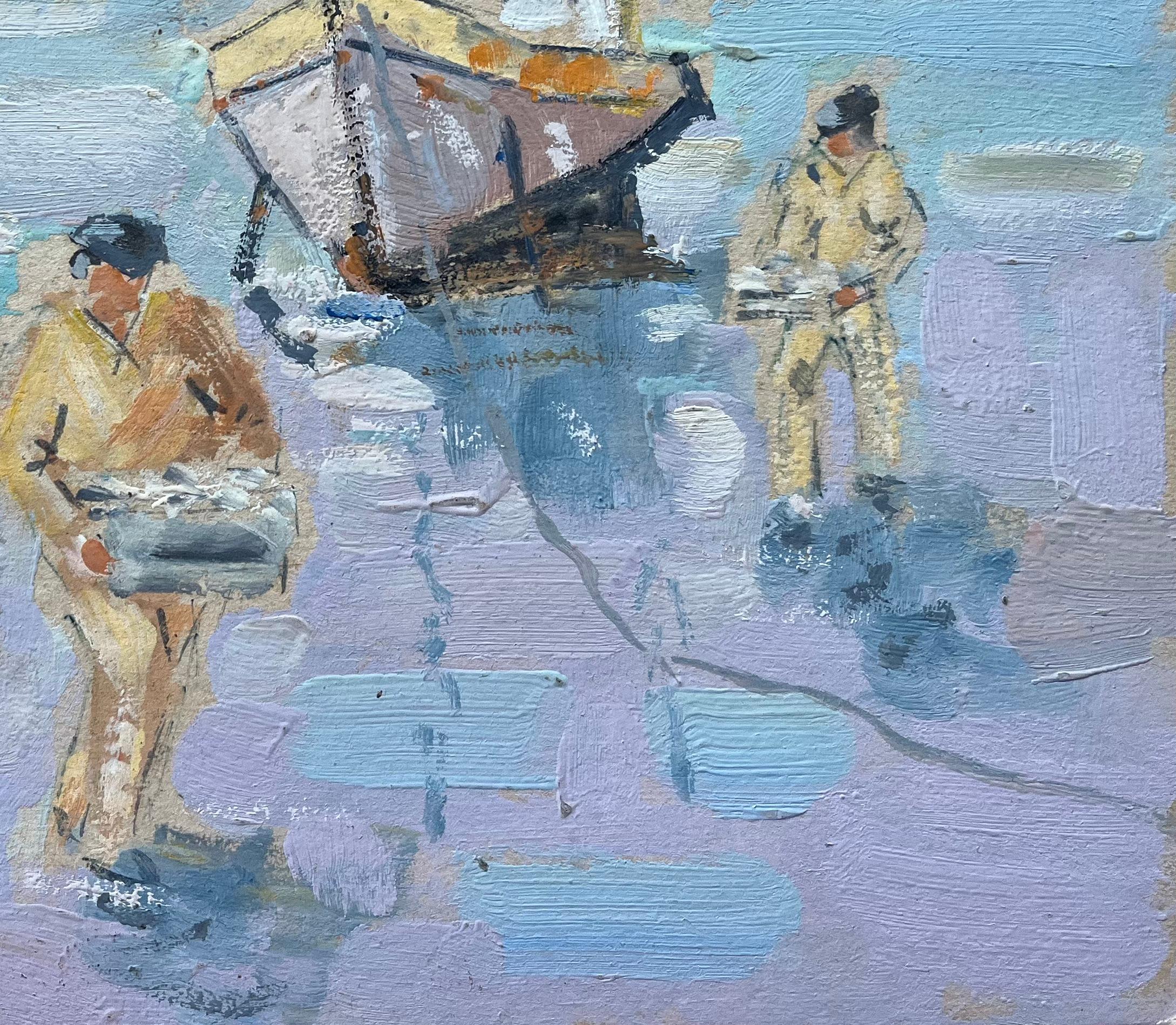 Quadro a olio impressionista francese con pescatori e barche spiaggiate durante la bassa marea in vendita 1