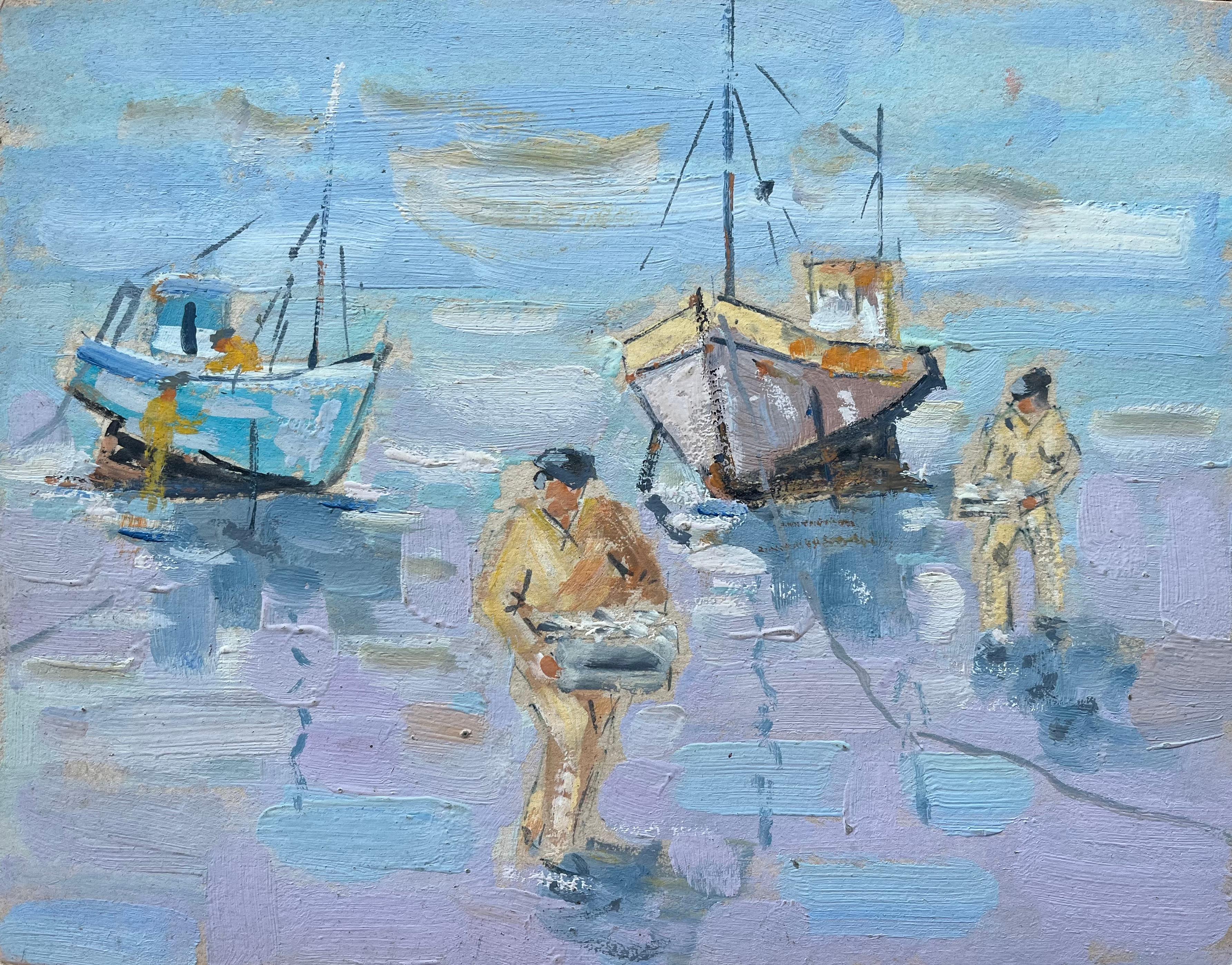 Figurative Painting di Fanch Lel - Quadro a olio impressionista francese con pescatori e barche spiaggiate durante la bassa marea
