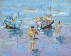 French Impressionist Oil Painting of Fishermen and Beached Boats at Low Tide