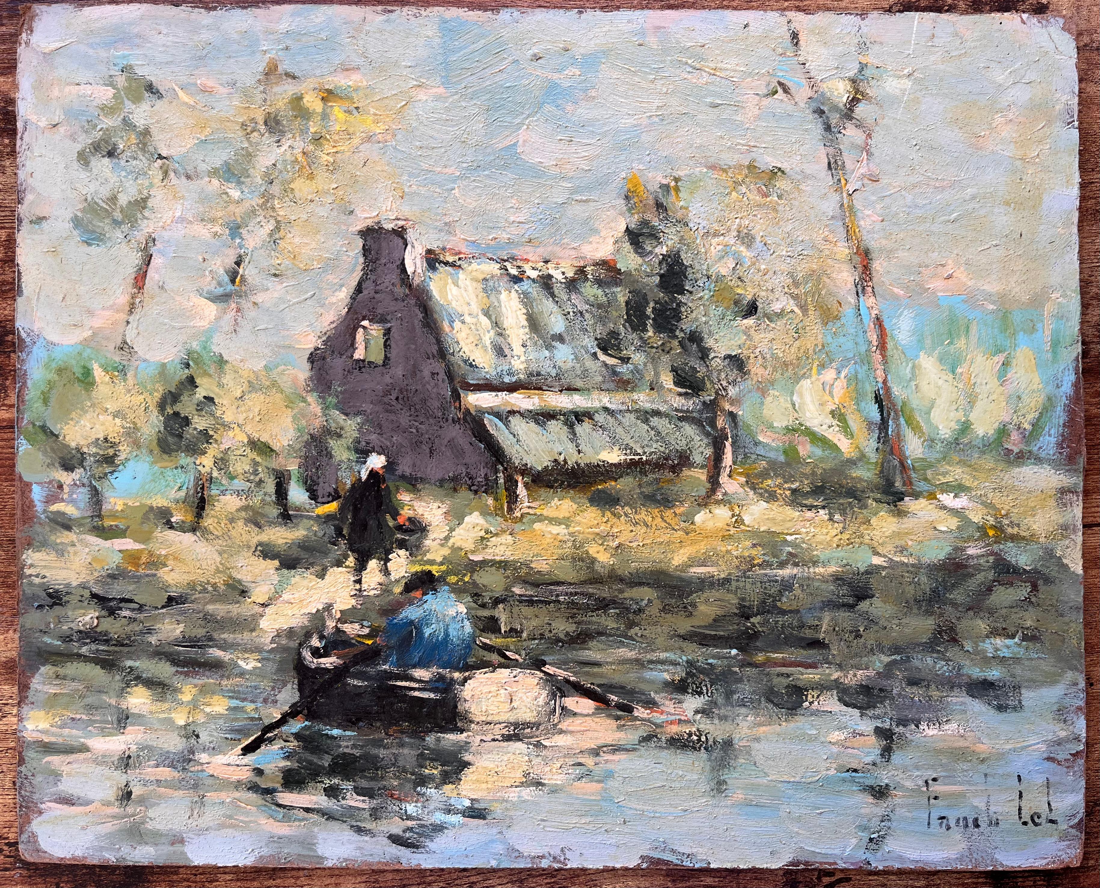 Französisches impressionistisches Ölgemälde von Fischern im Landhausstil, Ölgemälde – Painting von Fanch Lel