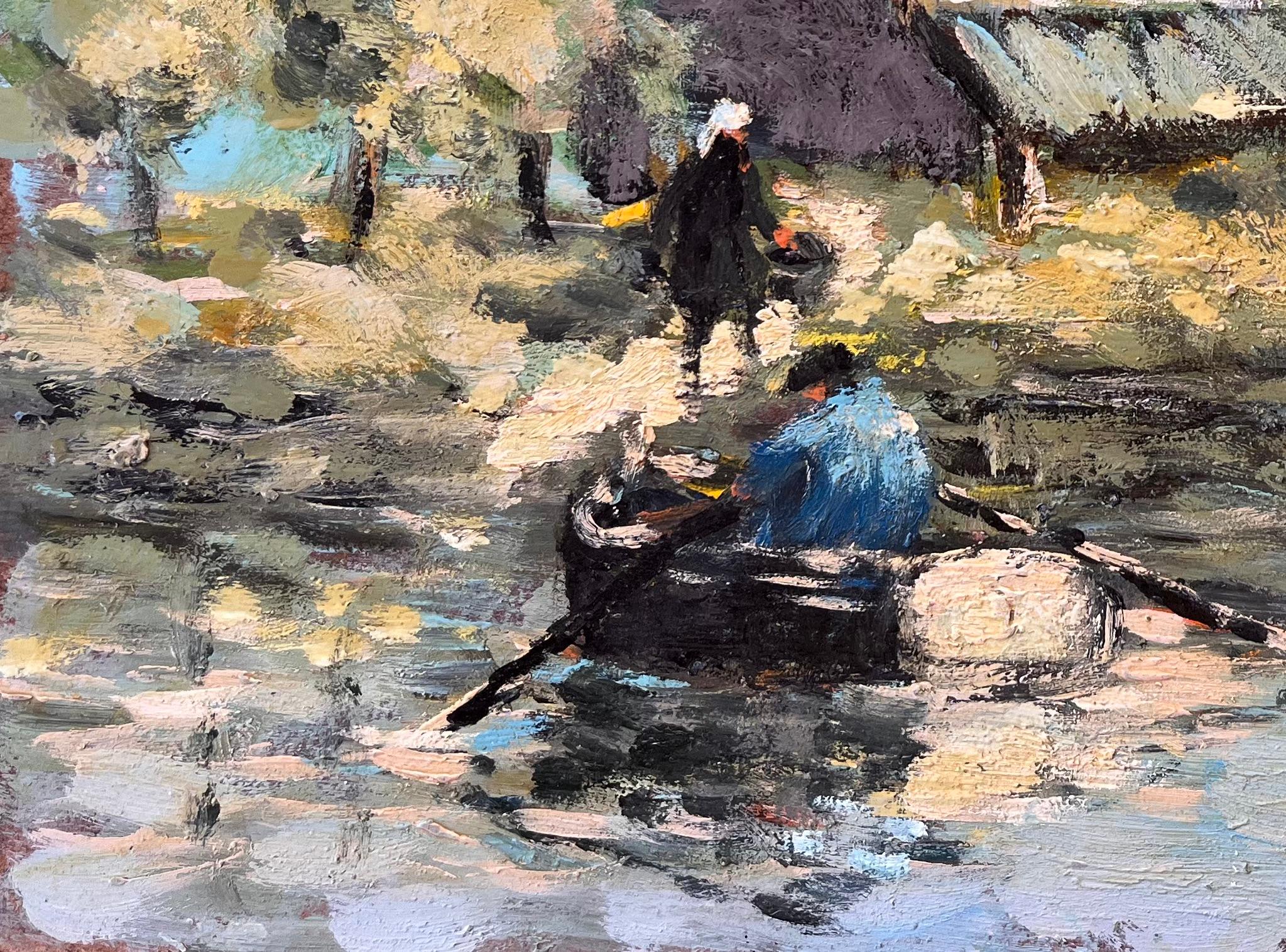 Französisches impressionistisches Ölgemälde von Fischern im Landhausstil, Ölgemälde (Impressionismus), Painting, von Fanch Lel