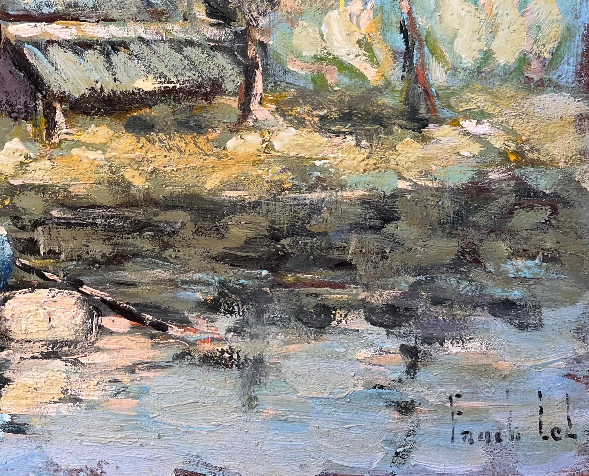 Französisches impressionistisches Ölgemälde von Fischern im Landhausstil, Ölgemälde (Grau), Landscape Painting, von Fanch Lel