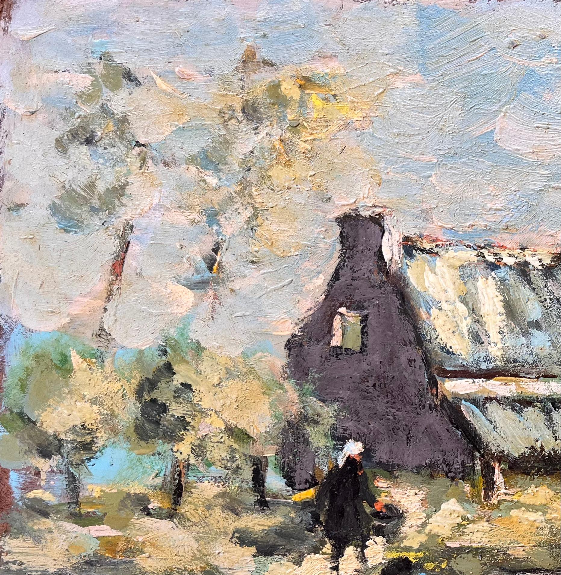 Titel: Französisches impressionistisches Ölgemälde von rudernden Fischern vor einer Hütte auf dem Lande
Von Fanch Lel
Unterschrieben: Ja
Größe: 12,75 x 16 Zoll (Höhe x Breite)
Ölgemälde auf Karton, ungerahmt
Zustand: Das Gemälde ist in gutem Zustand