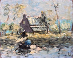 French Impressionist Oil Painting of Fishermen Rowing by Countryside Cottage