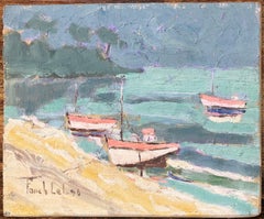 Französisch Impressionist Ölgemälde von Fischerbooten verankert in der Nähe des Strandes