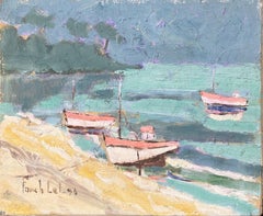 French Impressionist Oil Painting of Fishing Boats Anchored Near the Beach