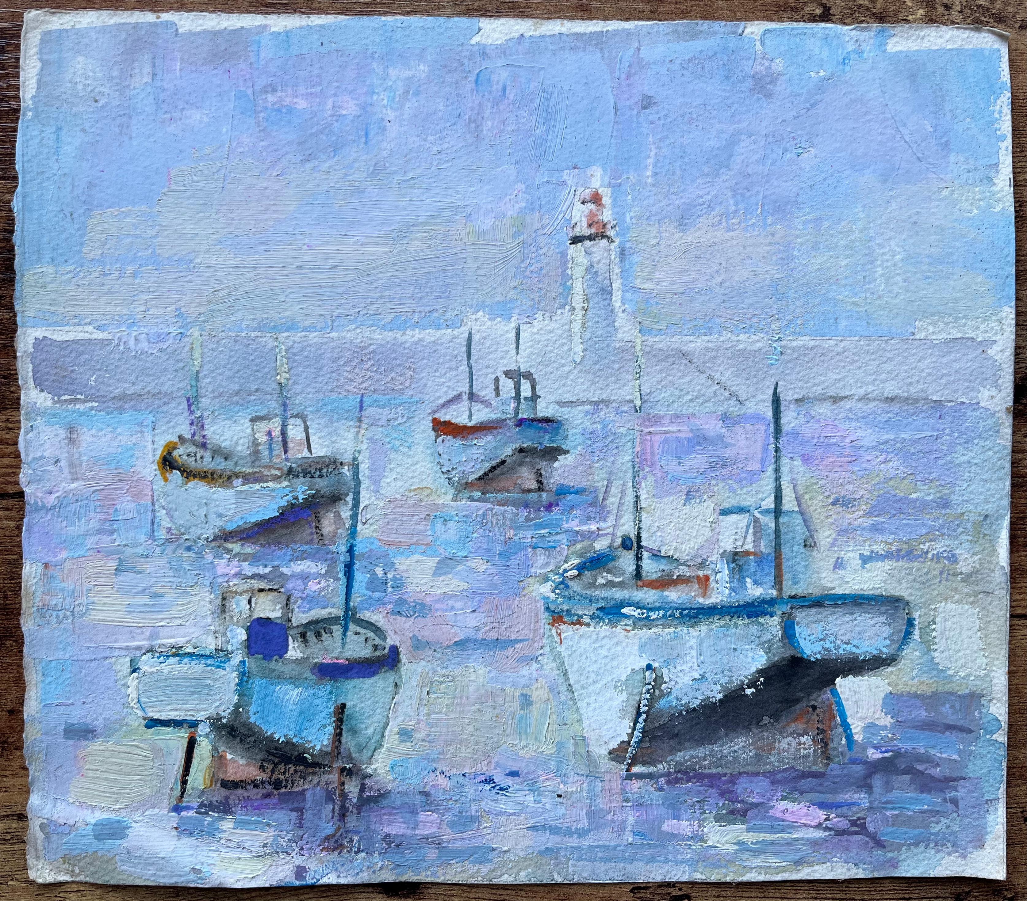 Pintura al óleo impresionista francesa de barcos de pesca y faro - Painting de Fanch Lel