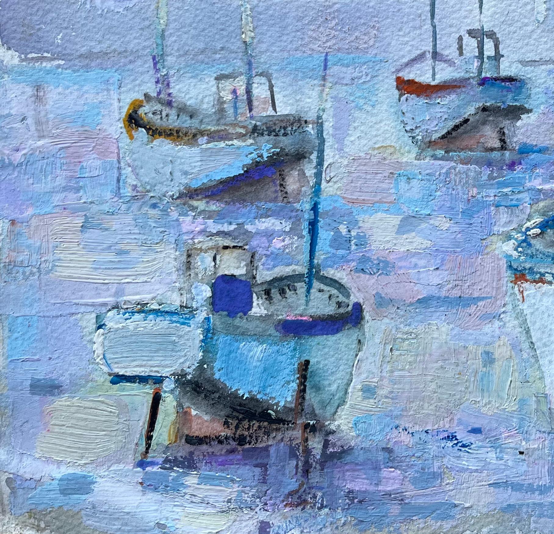 Pintura al óleo impresionista francesa de barcos de pesca y faro - Painting Impresionista de Fanch Lel