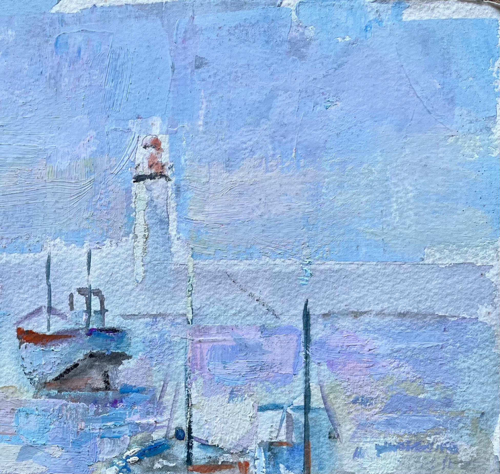Pintura al óleo impresionista francesa de barcos de pesca y faro en venta 1