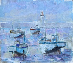 French Impressionist Oil Painting of Fishing Boats and Lighthouse