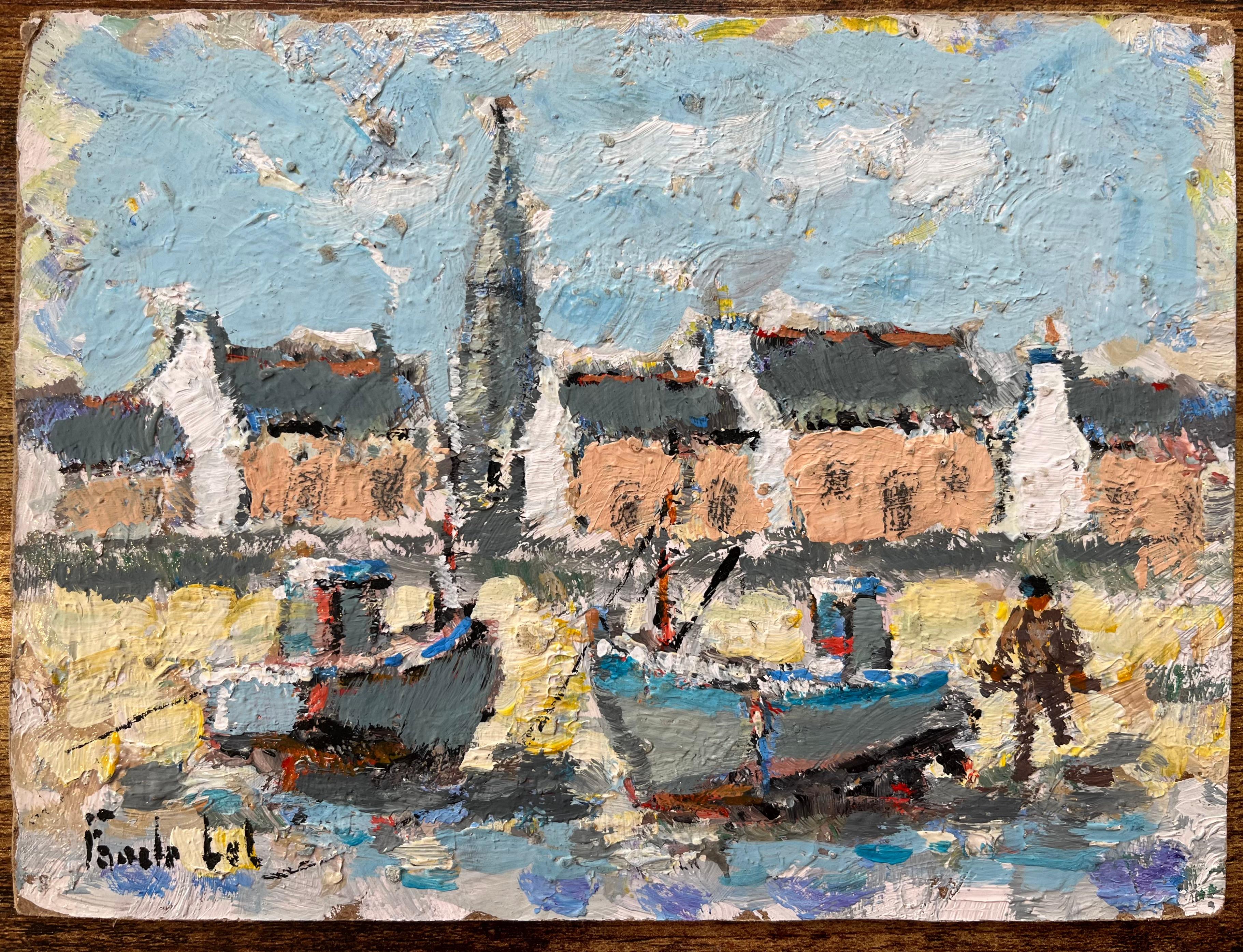 Óleo impresionista francés de Barcos de pesca en la orilla de un pueblo - Painting de Fanch Lel