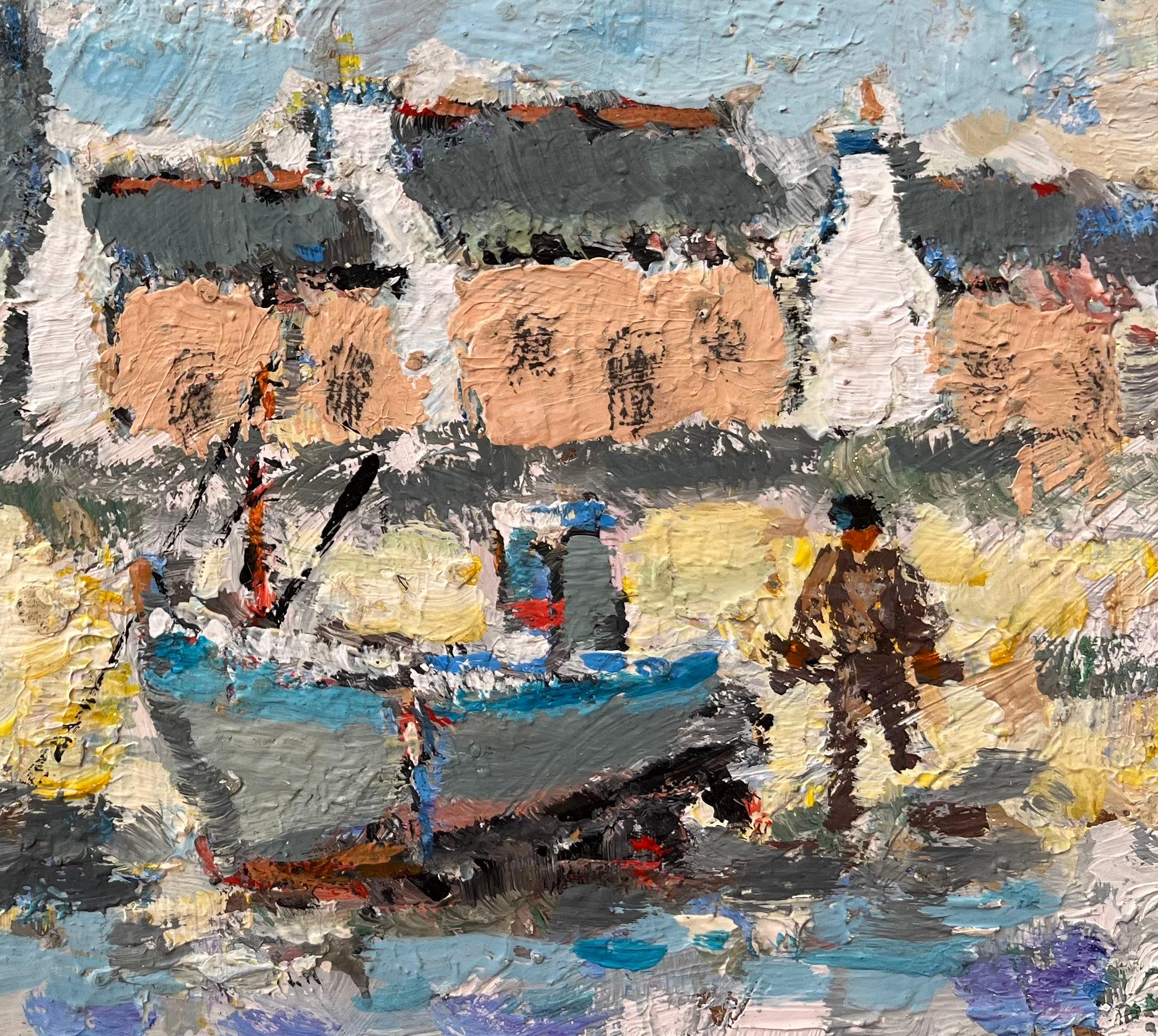 Óleo impresionista francés de Barcos de pesca en la orilla de un pueblo - Painting Impresionista de Fanch Lel