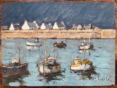 French Impressionist Oil Painting of Fishing Boats in a Harbor