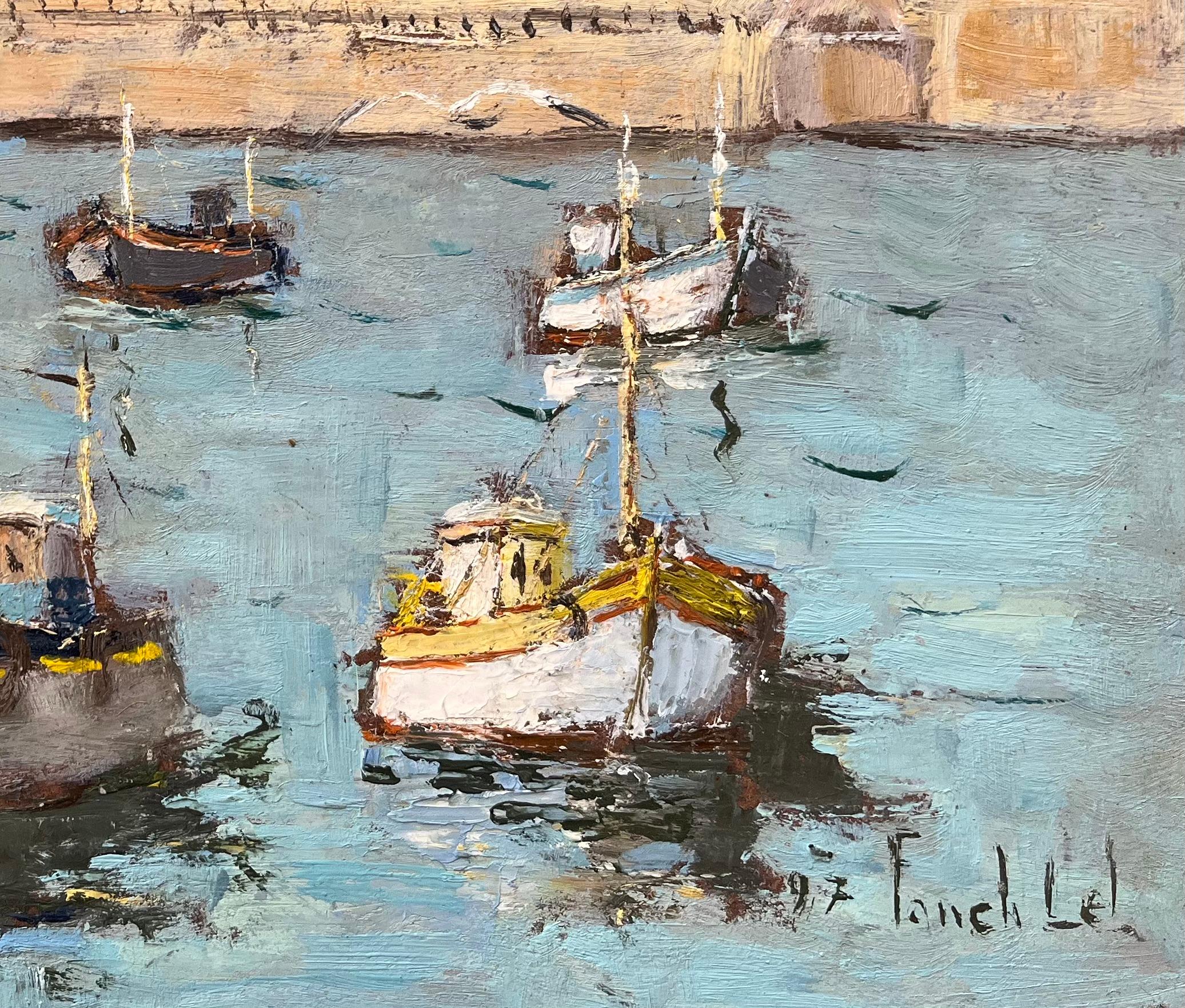 Title: French Impressionist Oil Painting of Fishing Boats in a Harbor
By Fanch Lel (French b. 1930)
Size: 9.5 x 13 inches (height x width)
Signed: Yes
Oil painting on board, unframed
Condition: The painting is in good condition, with minor signs of