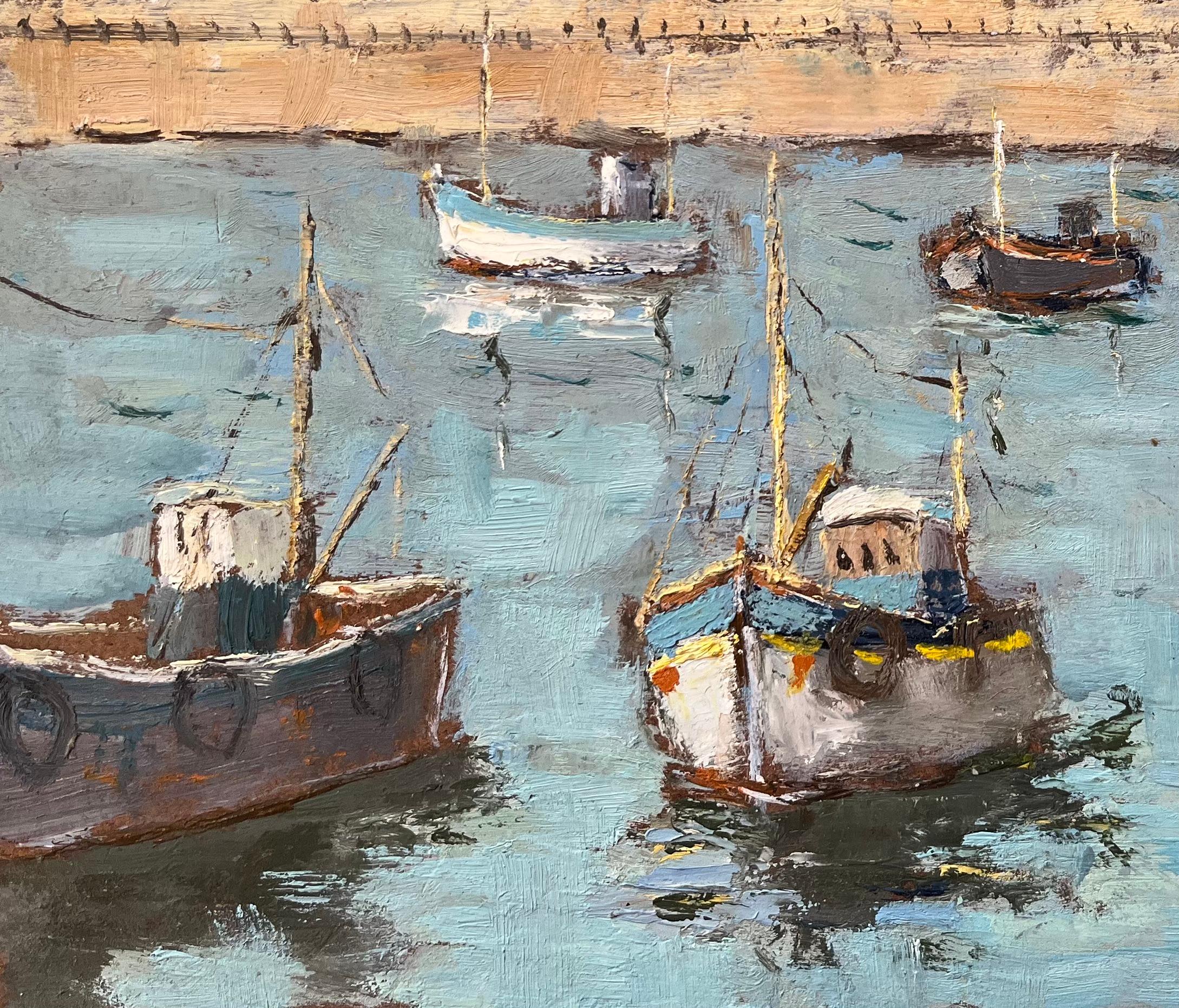 French Impressionist Oil Painting of Fishing Boats in a Harbor For Sale 1