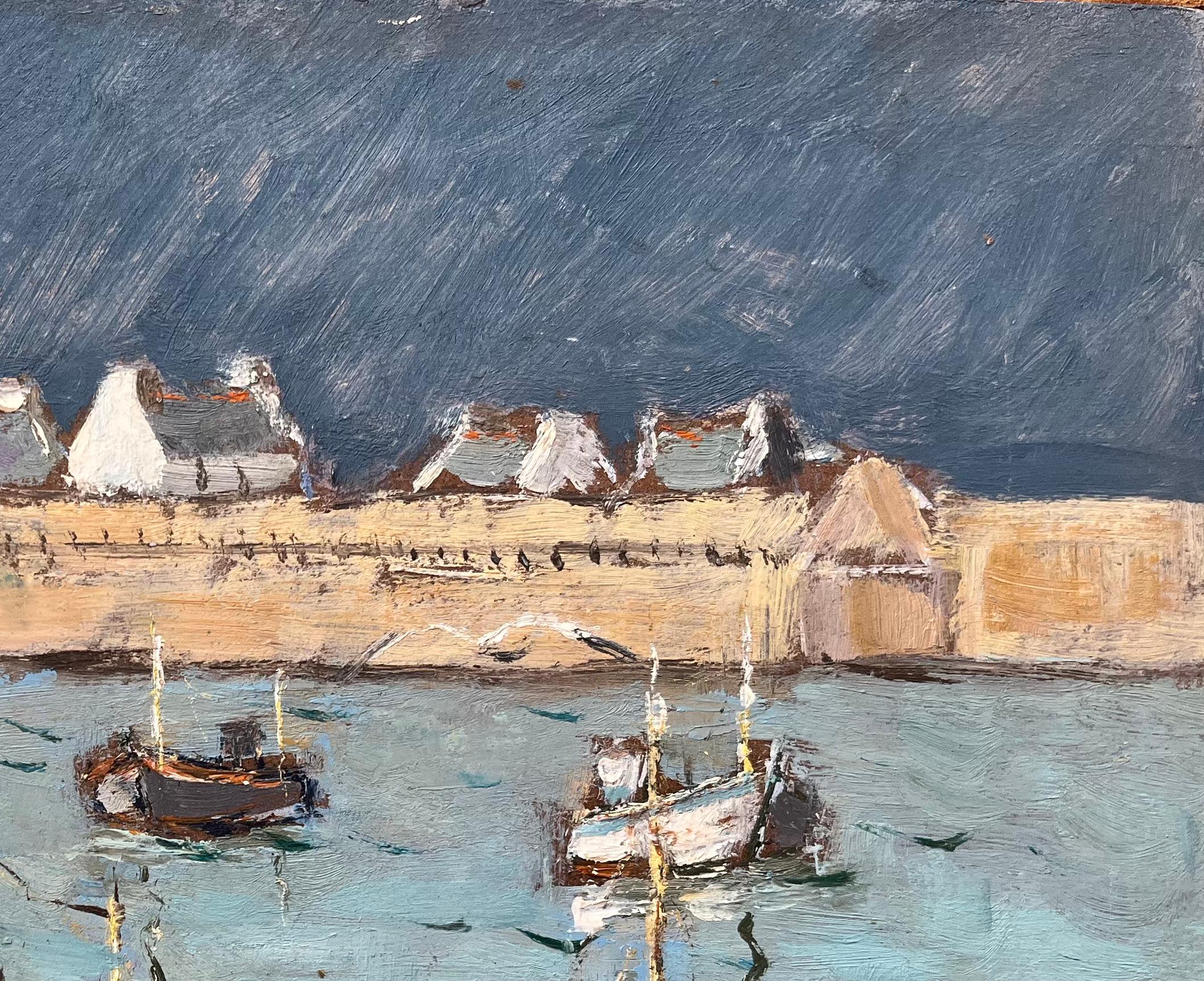 French Impressionist Oil Painting of Fishing Boats in a Harbor For Sale 2