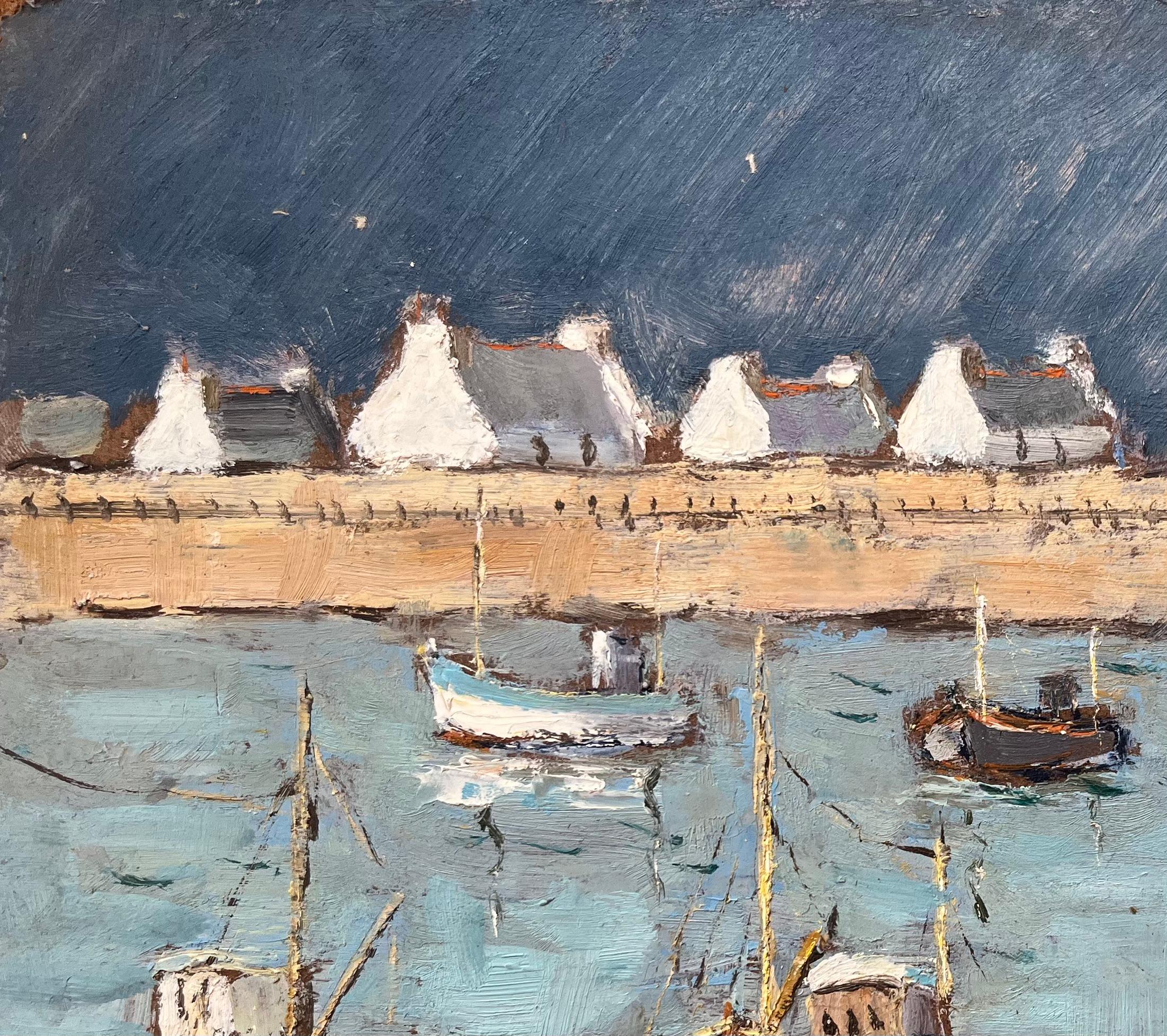 French Impressionist Oil Painting of Fishing Boats in a Harbor For Sale 3