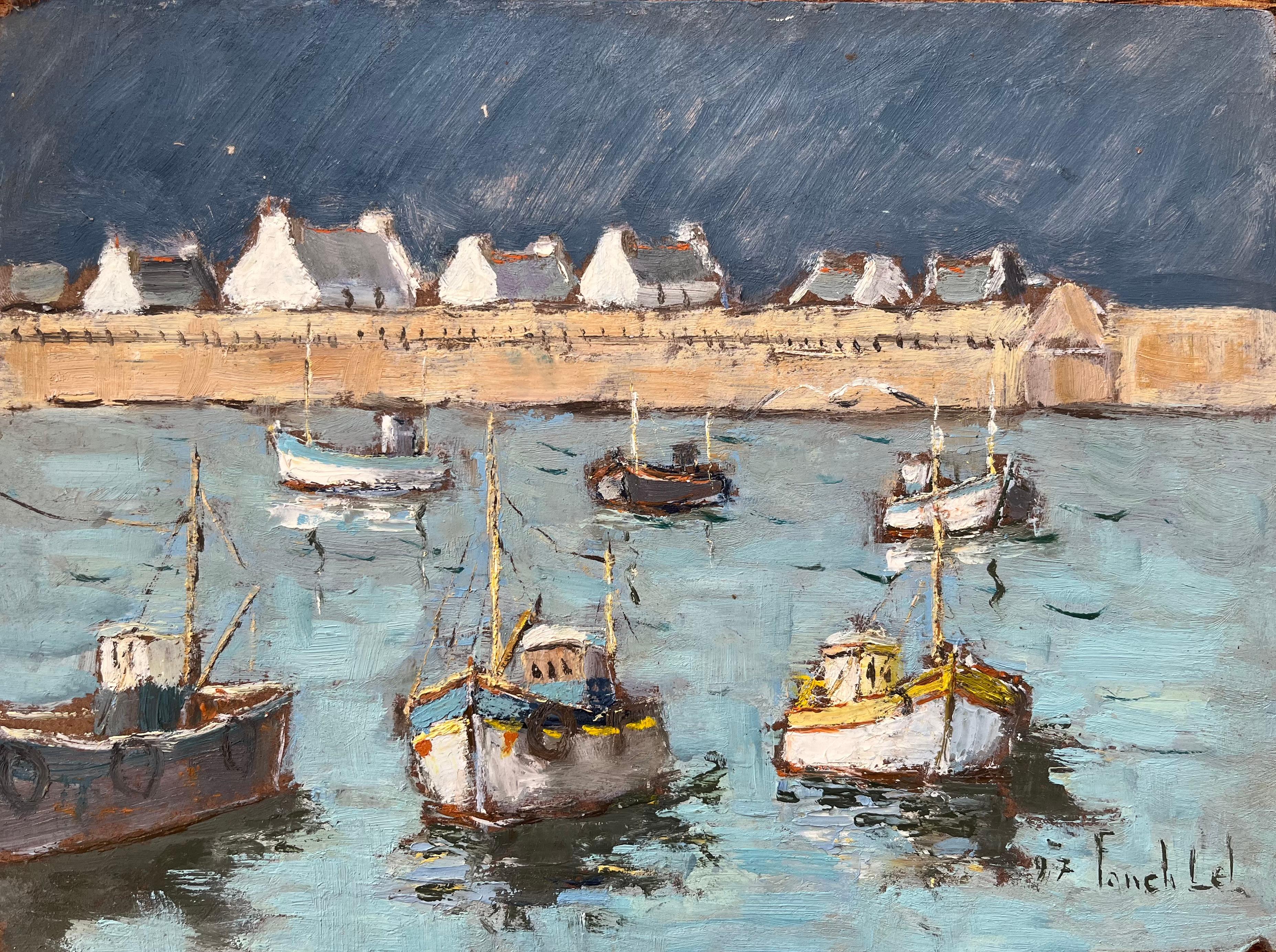 Fanch Lel Landscape Painting - French Impressionist Oil Painting of Fishing Boats in a Harbor