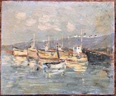 Pittura a olio impressionista francese con barche da pesca in porto e riflessi