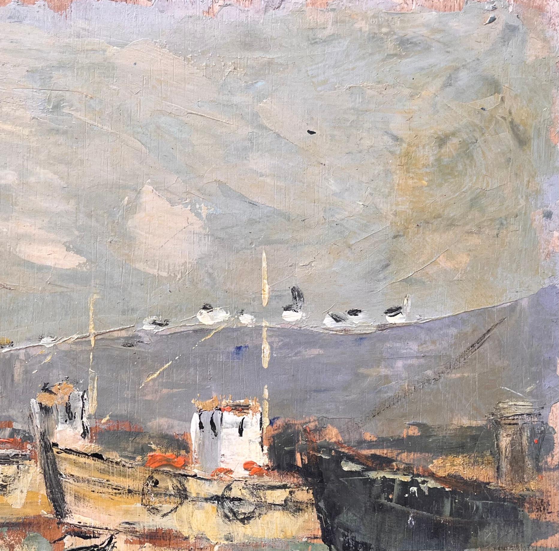 Französisches impressionistisches Ölgemälde von Fischerbooten im Hafen des Impressionismus mit Reflektionen im Angebot 1