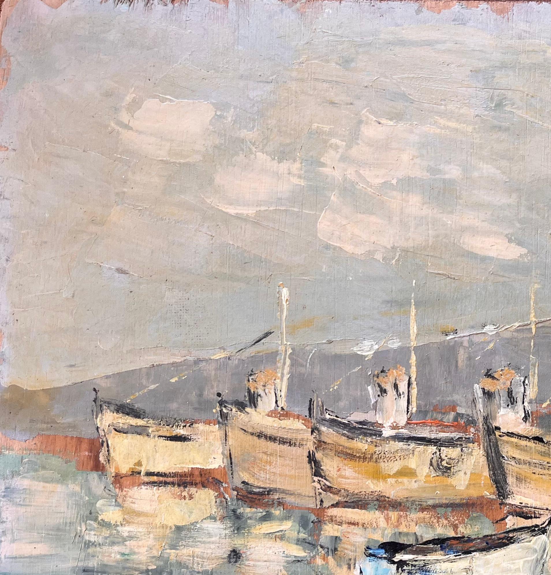 Französisches impressionistisches Ölgemälde von Fischerbooten im Hafen des Impressionismus mit Reflektionen im Angebot 2