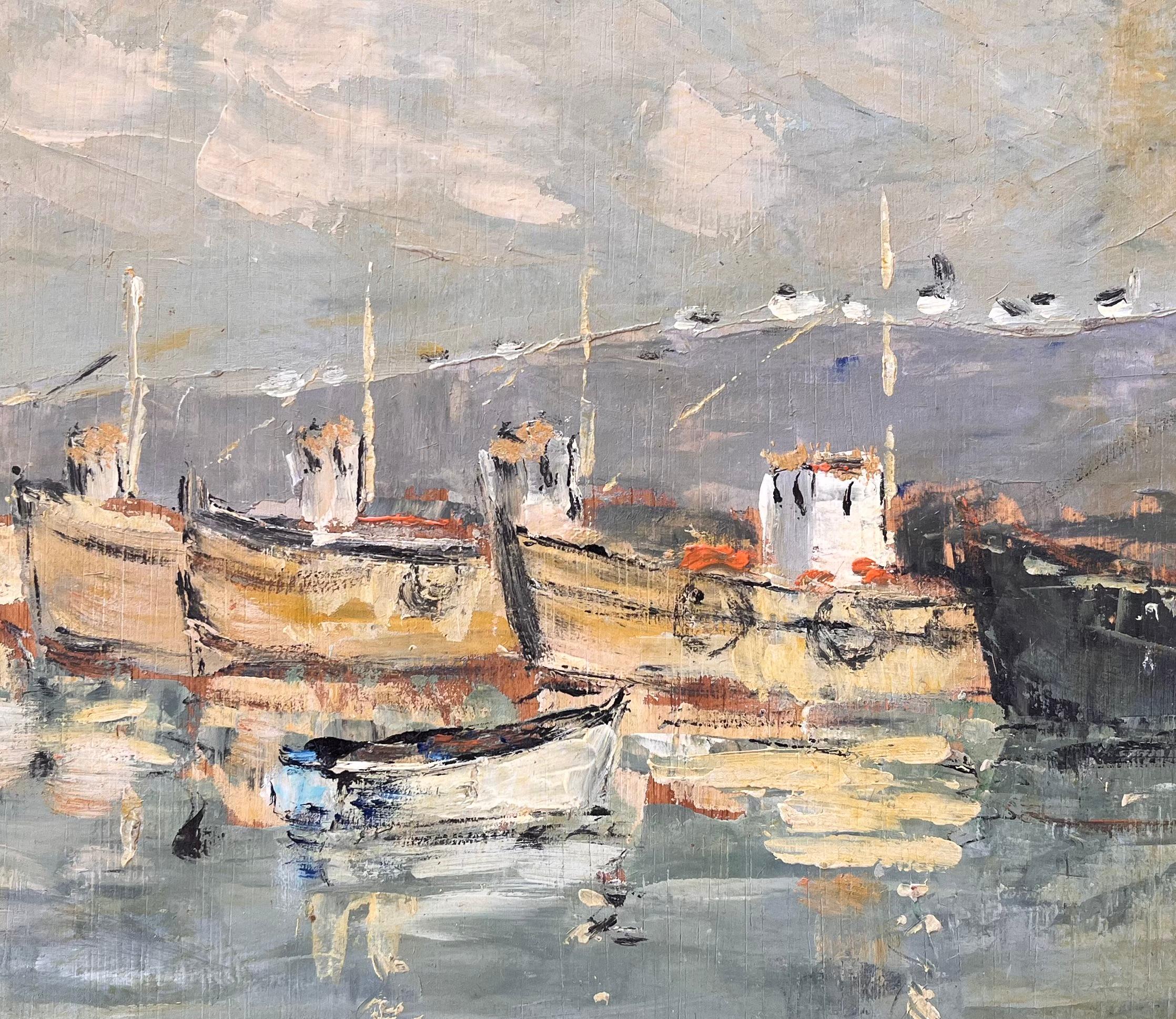 Französisches impressionistisches Ölgemälde von Fischerbooten im Hafen des Impressionismus mit Reflektionen im Angebot 3