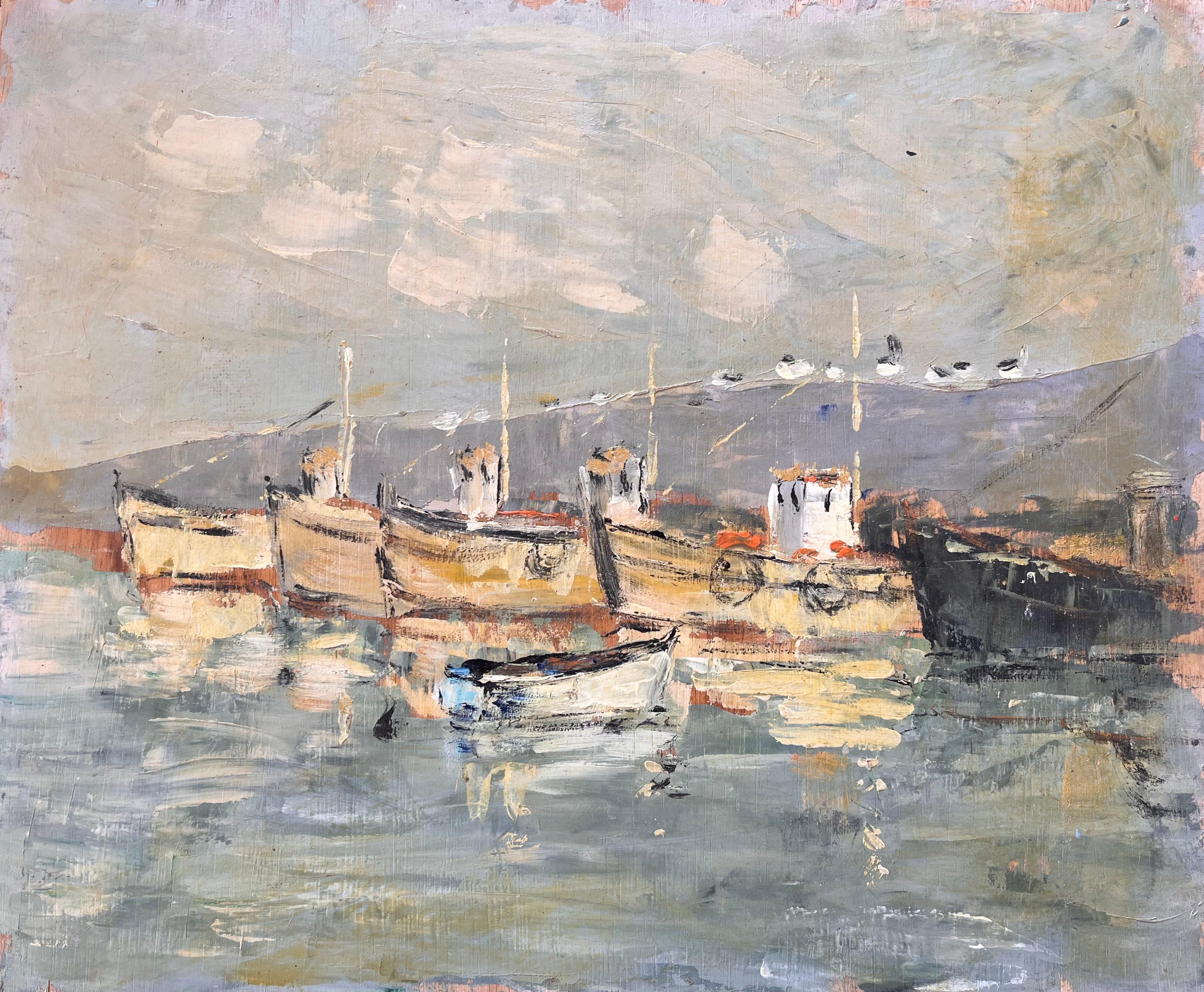 Pintura al óleo impresionista francesa de barcos de pesca en el puerto con reflejos