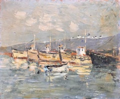 French Impressionist Oil Painting of Fishing Boats in Harbour with Reflections