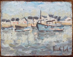 Dipinto a olio impressionista francese con barche da pesca nel porto di La Trinité