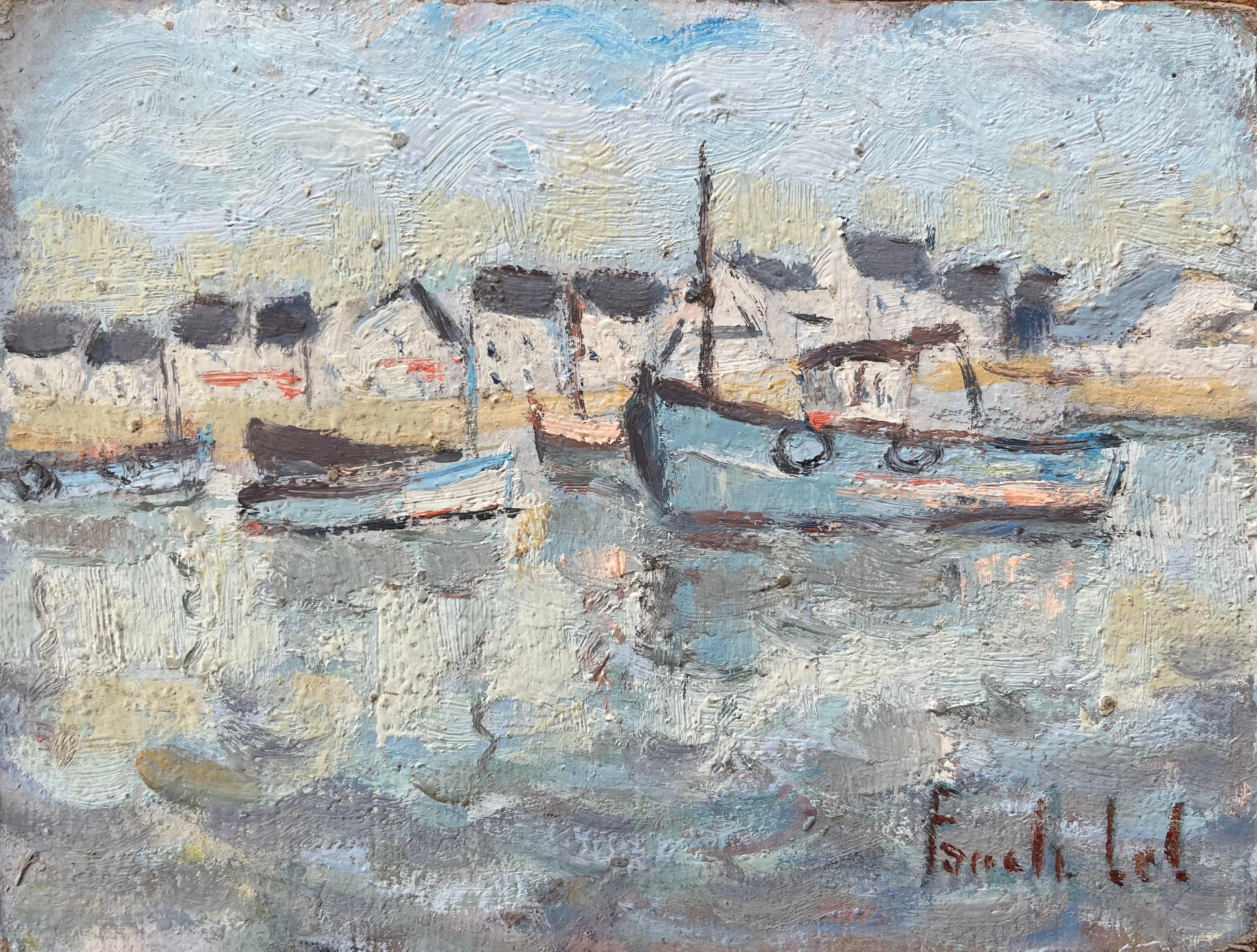 Fanch Lel Landscape Painting - French Impressionist Oil Painting of Fishing Boats in La Trinité Harbor