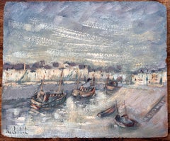 French Impressionist Oil Painting of Fishing Boats in Port en Bessin Normandy