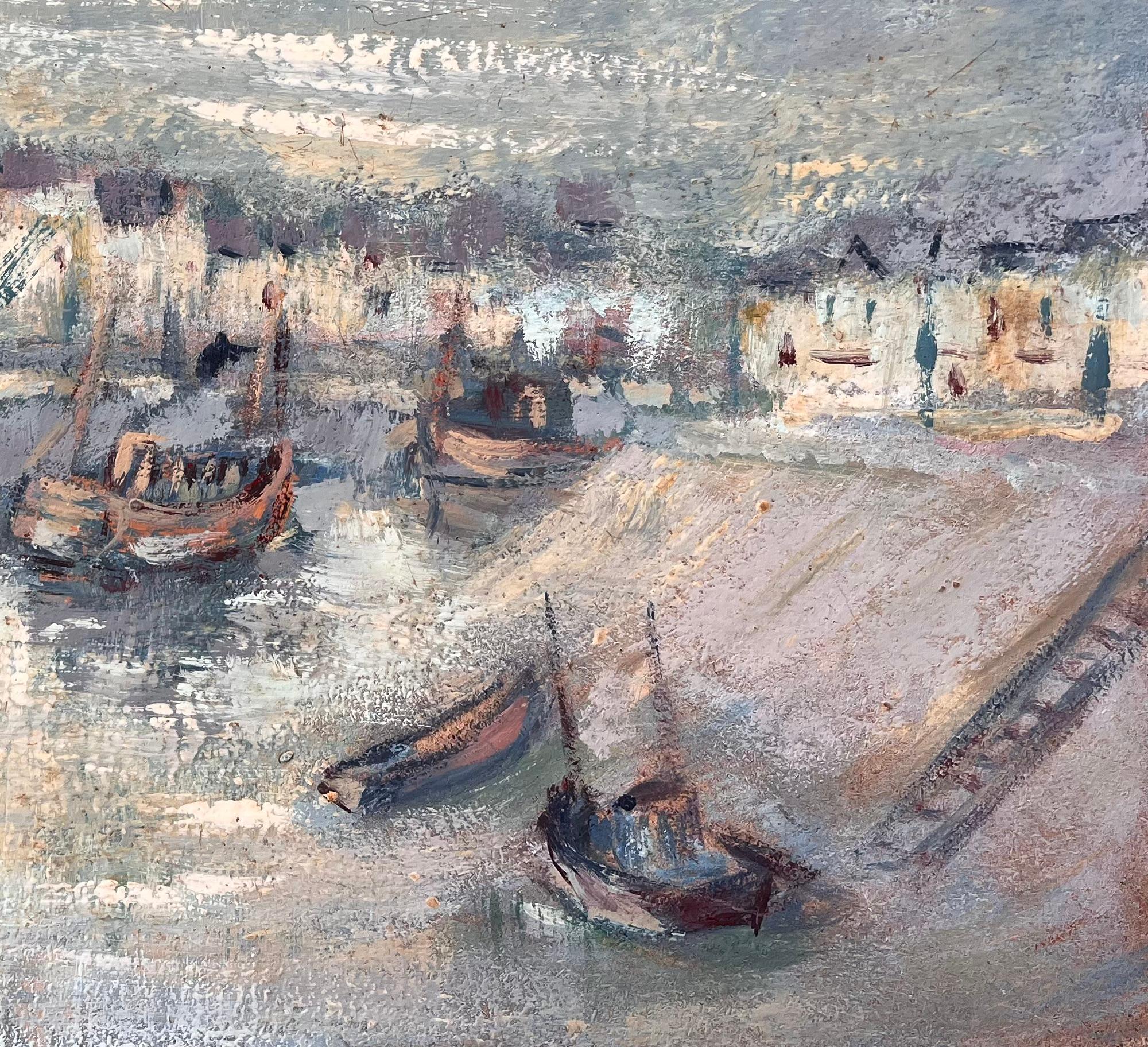Französisches impressionistisches Ölgemälde von Fischerbooten in Port en Bessin, Normandie, Französisch (Impressionismus), Painting, von Fanch Lel