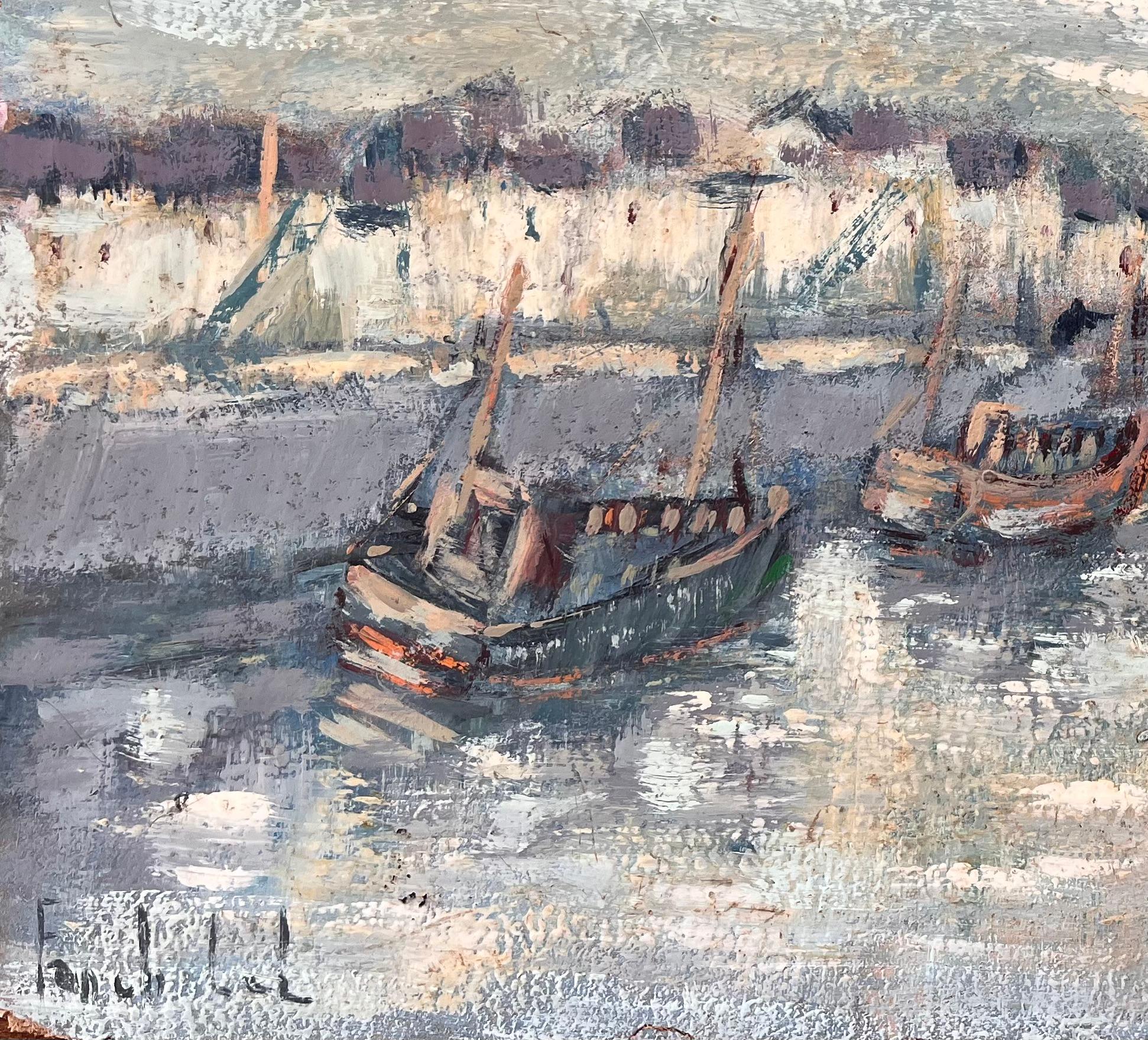 Französisches impressionistisches Ölgemälde von Fischerbooten in Port en Bessin, Normandie, Französisch (Grau), Abstract Painting, von Fanch Lel